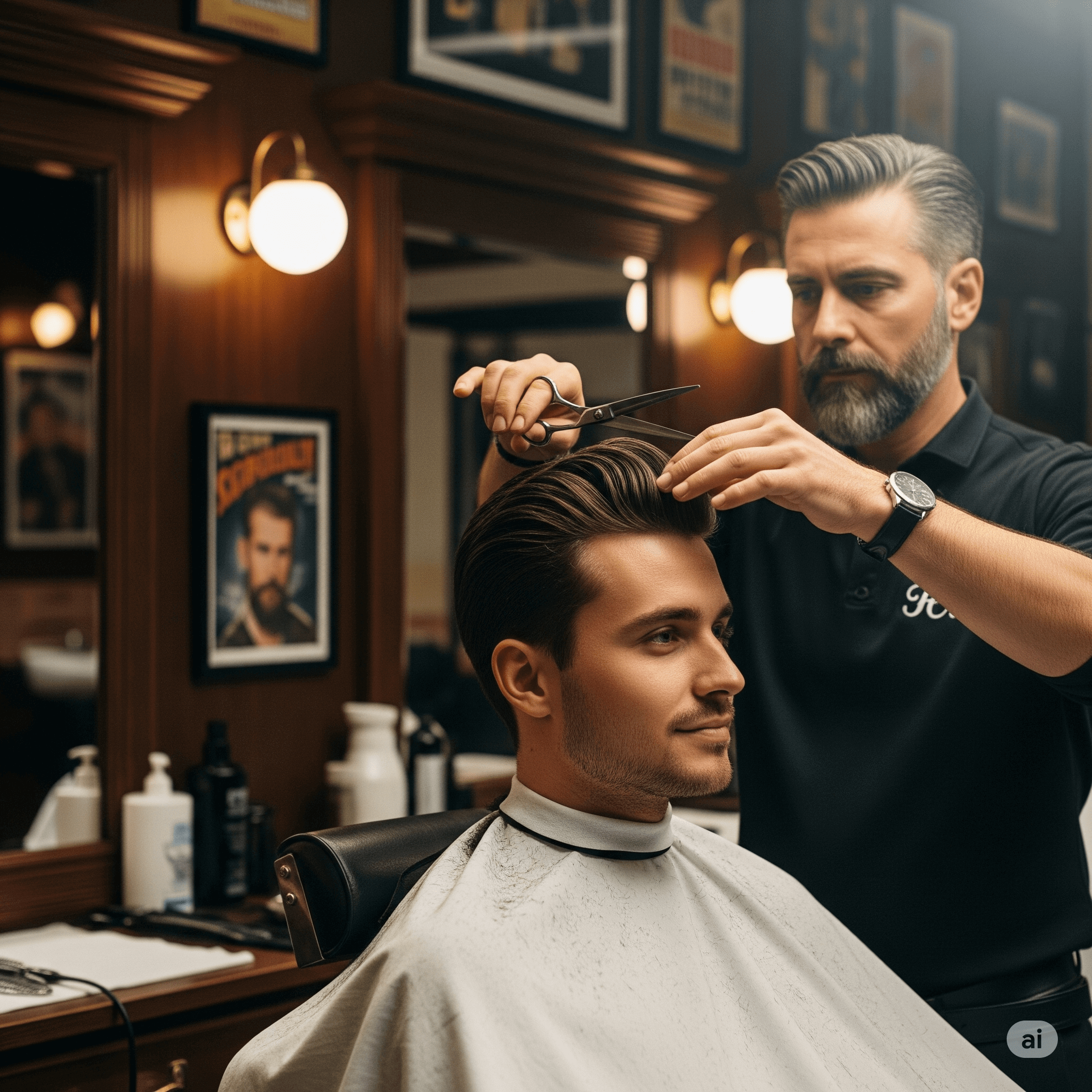Barbero profesional recortando barba con tijeras y peine