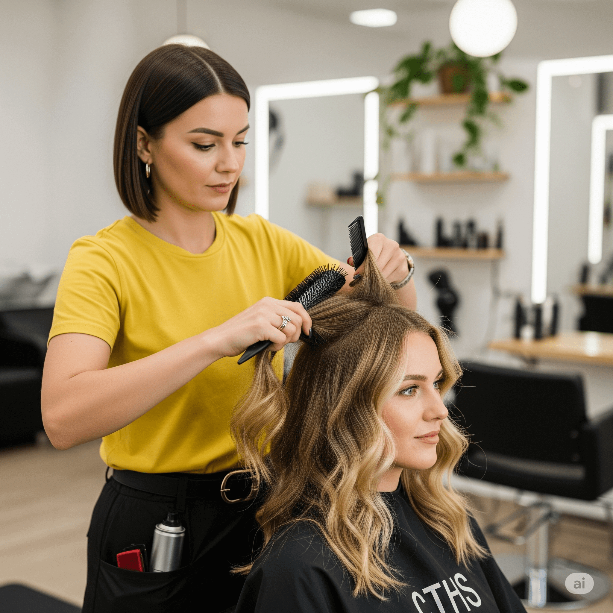 Corte de cabello para dama en salón de belleza, estilista trabajando